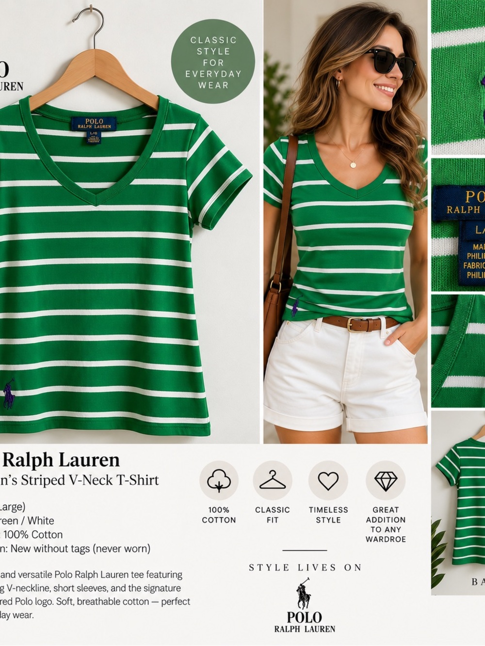 Polo by Ralph Lauren Green and White Striped V-Neck Tee